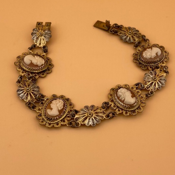 Antique Victorian CAMEO 800 Silver Filigree Shell Bracelet 4 Cameos - Picture 4 of 14